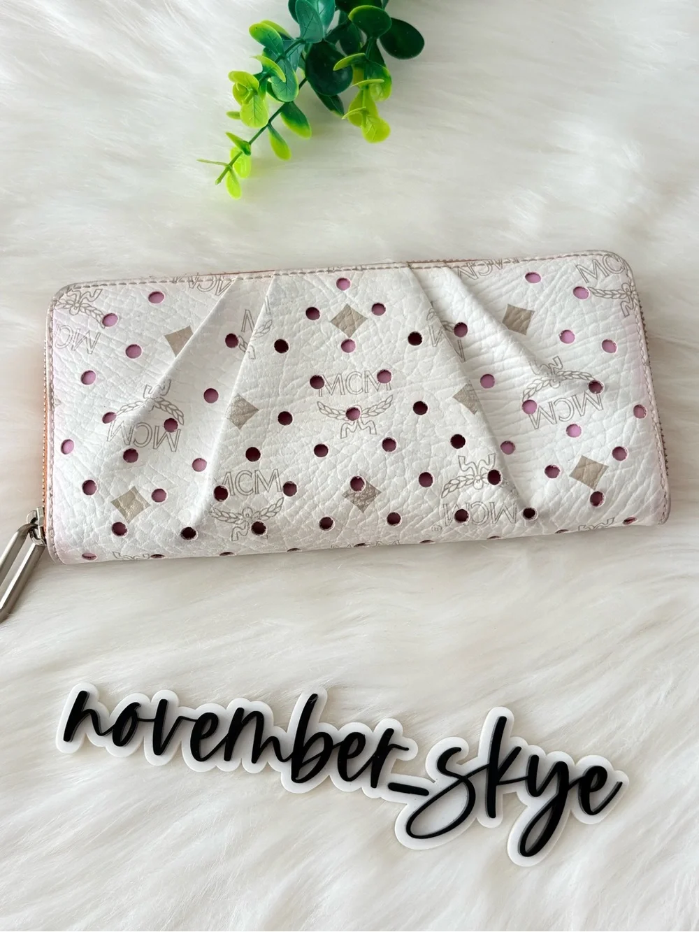 MCM Monogram White Perforated Zip Wallet with Purple Liner. LIMITED EDITION!